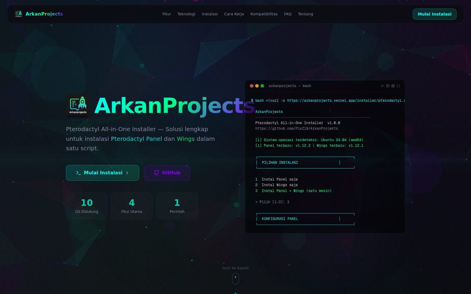 Live screenshot of arkanprojects.vercel.app — the one-click Pterodactyl installer, captured from production