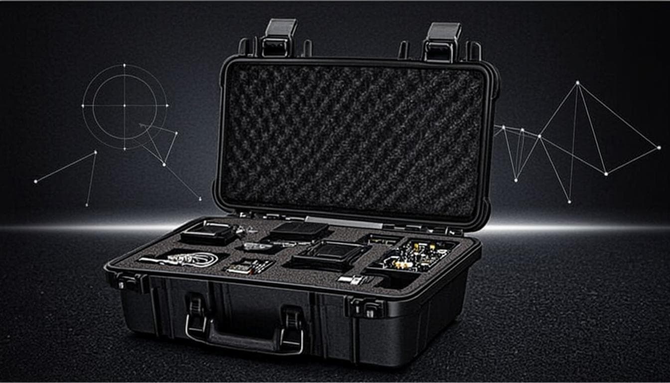 Themed artwork — an open tactical case of offensive-security instruments under a targeting reticle, signature visual for Red Team Toolkit