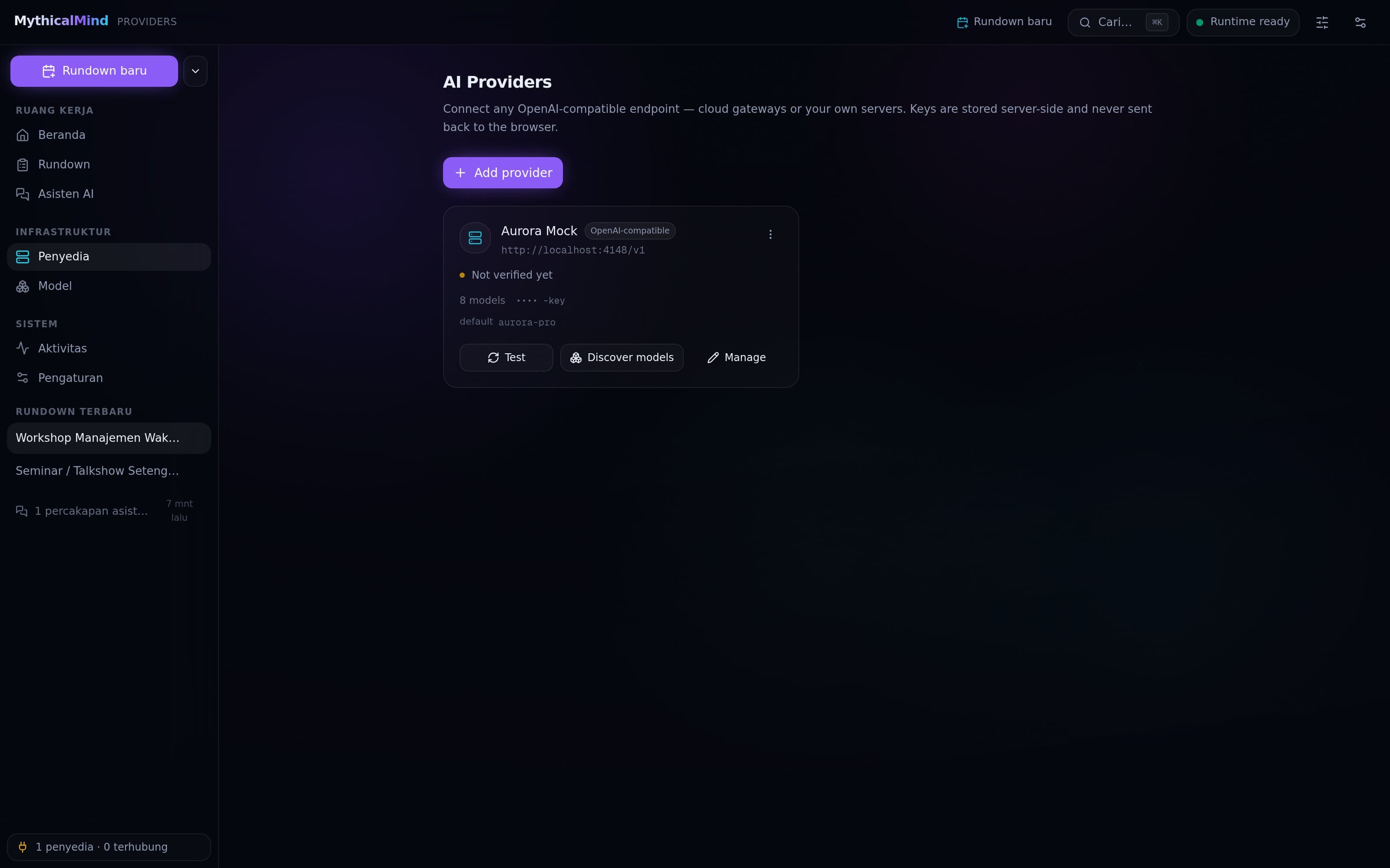 The provider hub — Aurora Mock connected with base URL and masked key, eight discovered models, aurora-pro set as default
