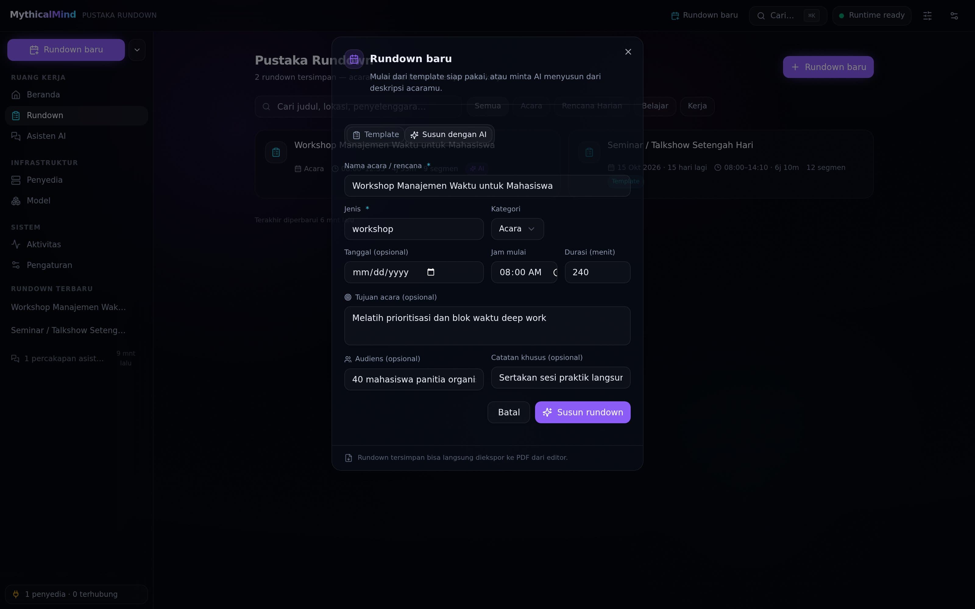 The AI rundown form filled in — name, type, duration 240 minutes, goal, audience, and notes fields