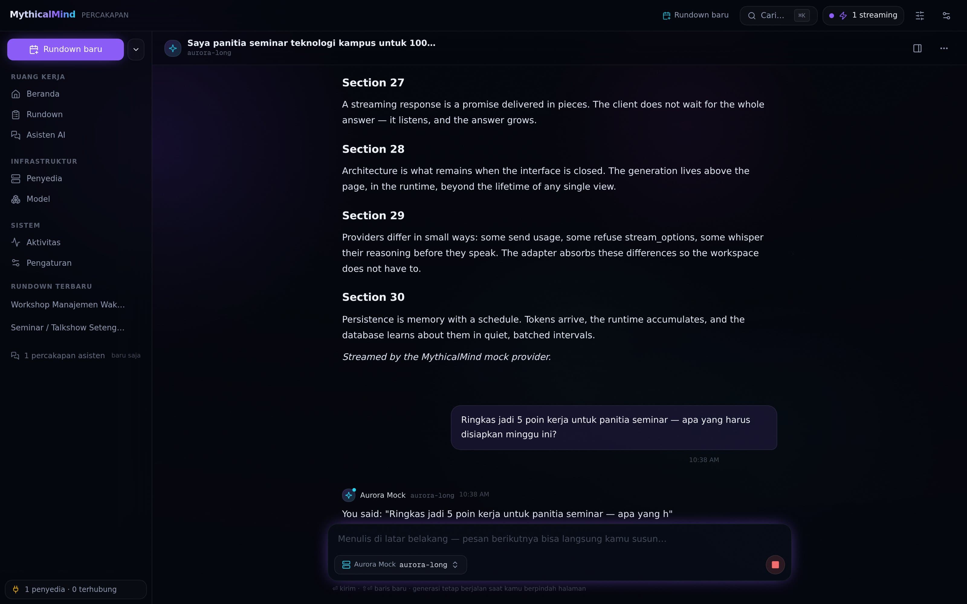 A conversation mid-generation — the top-bar badge reads one streaming, a red stop button sits in the composer, and the answer grows below the prompt