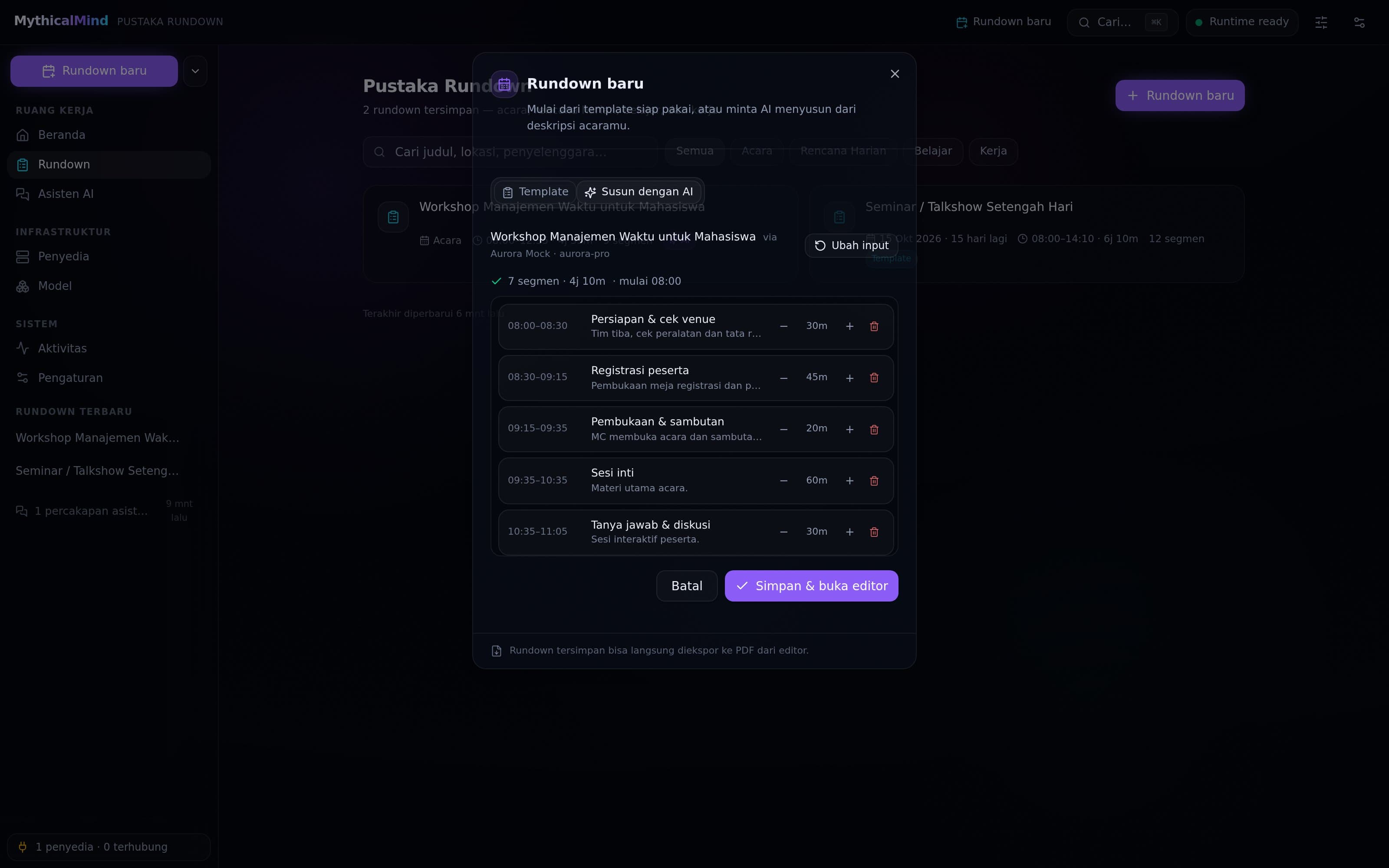 The AI-generated rundown preview — seven segments with derived times, per-segment adjust and delete controls, and Save or Cancel actions
