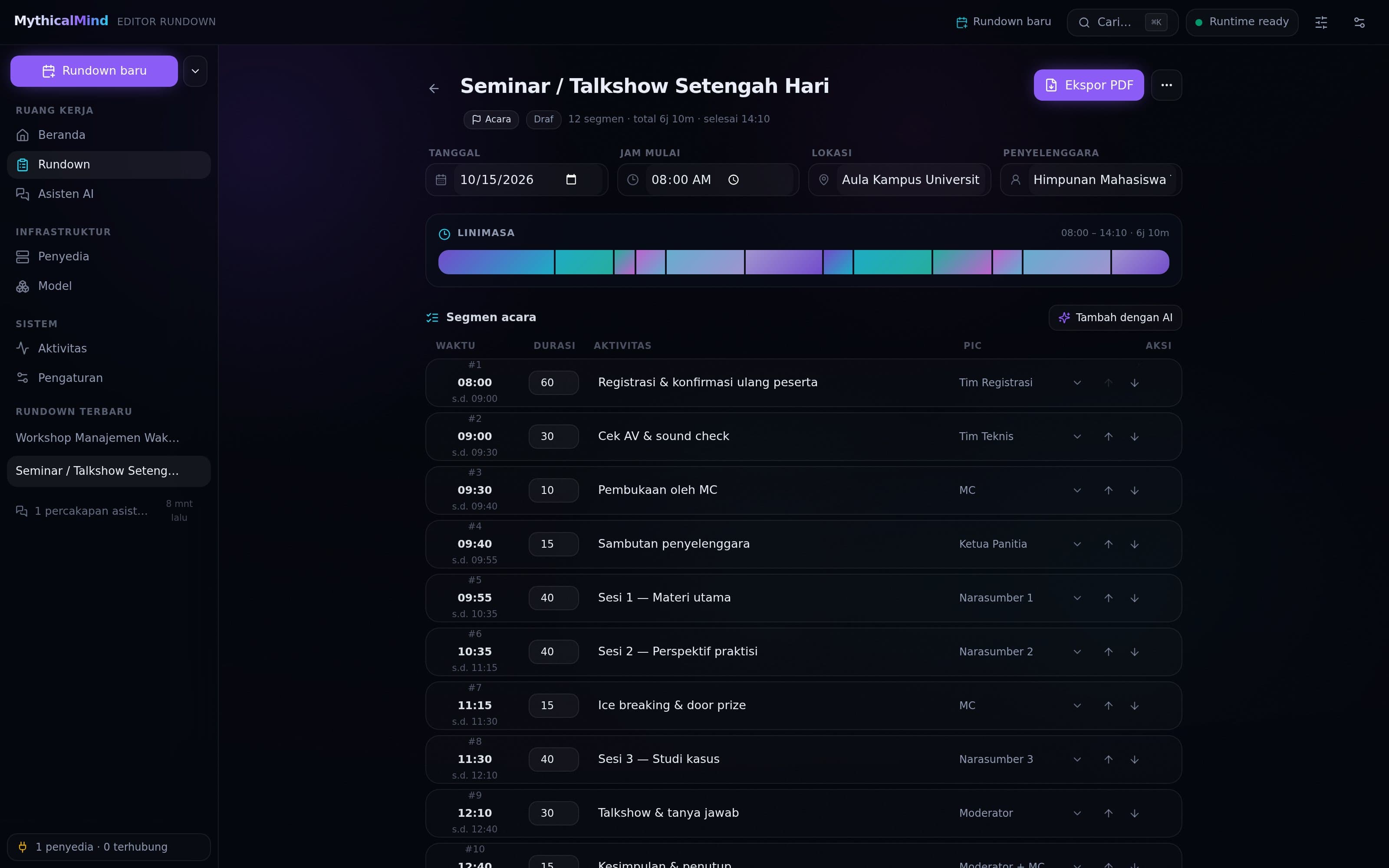 The rundown editor — a colored timeline strip reading 08:00 to 14:10, metadata fields, and a twelve-segment table with derived clocks