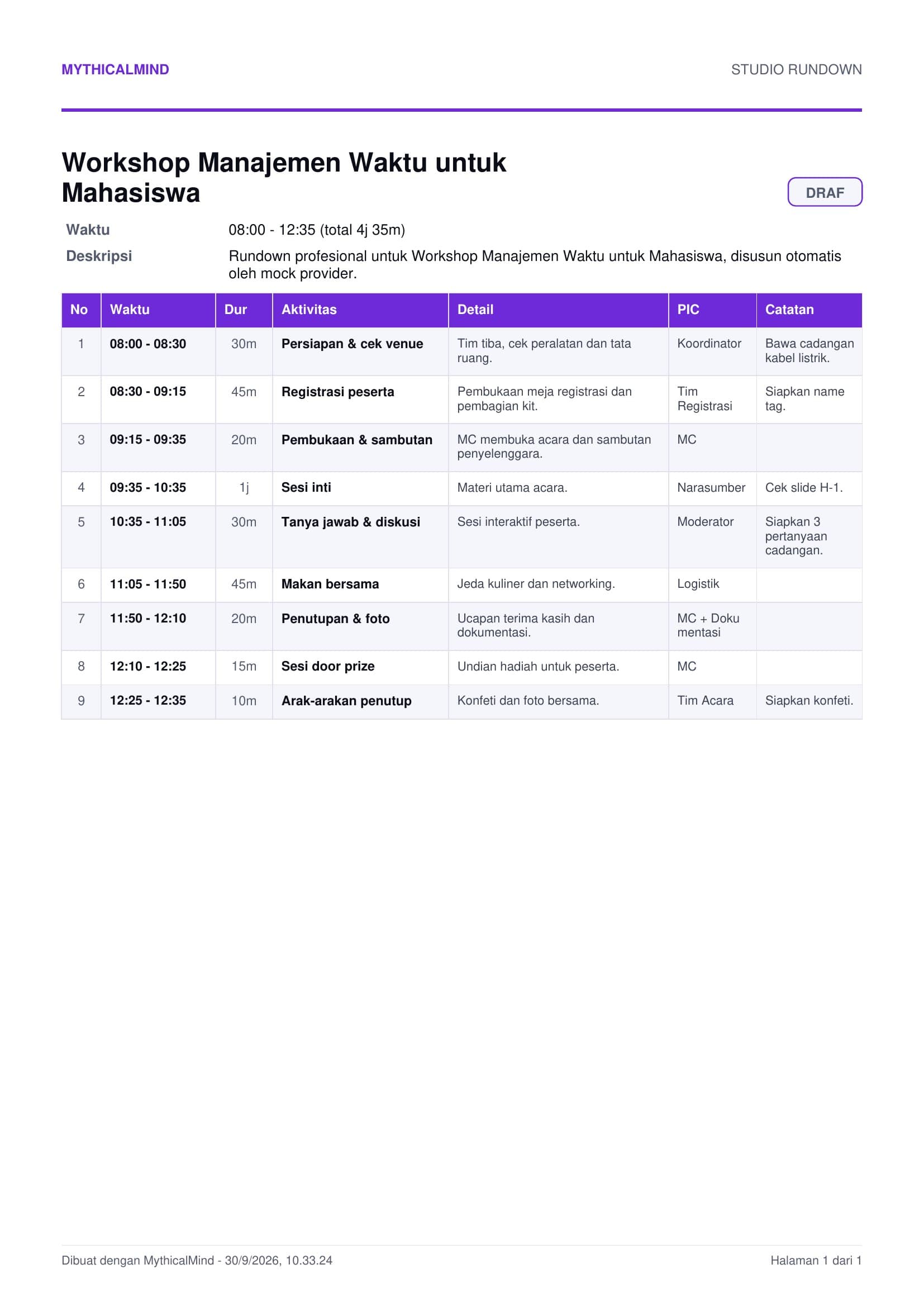 The exported PDF — an A4 rundown document with the MythicalMind header, event metadata, and the seven-column segment table